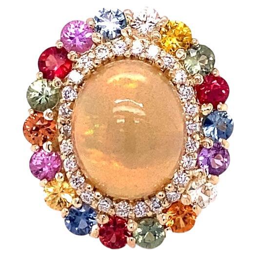 Contemporary 8.89 Carat Natural Opal Multi Sapphire Diamond Yellow Gold Cocktail Ring For Sale