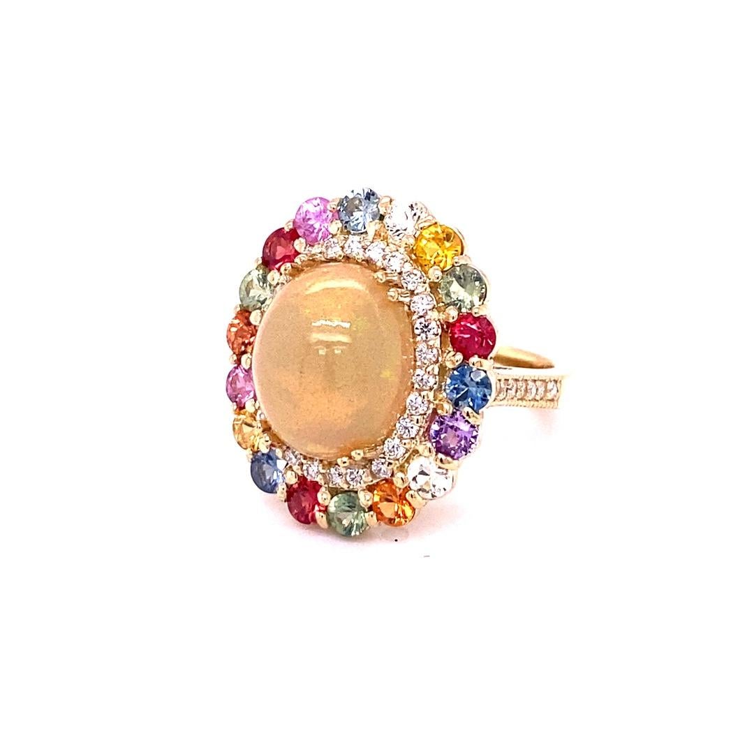 8.89 Carat Natural Opal Multi Sapphire Diamond Yellow Gold Cocktail Ring In New Condition For Sale In Los Angeles, CA