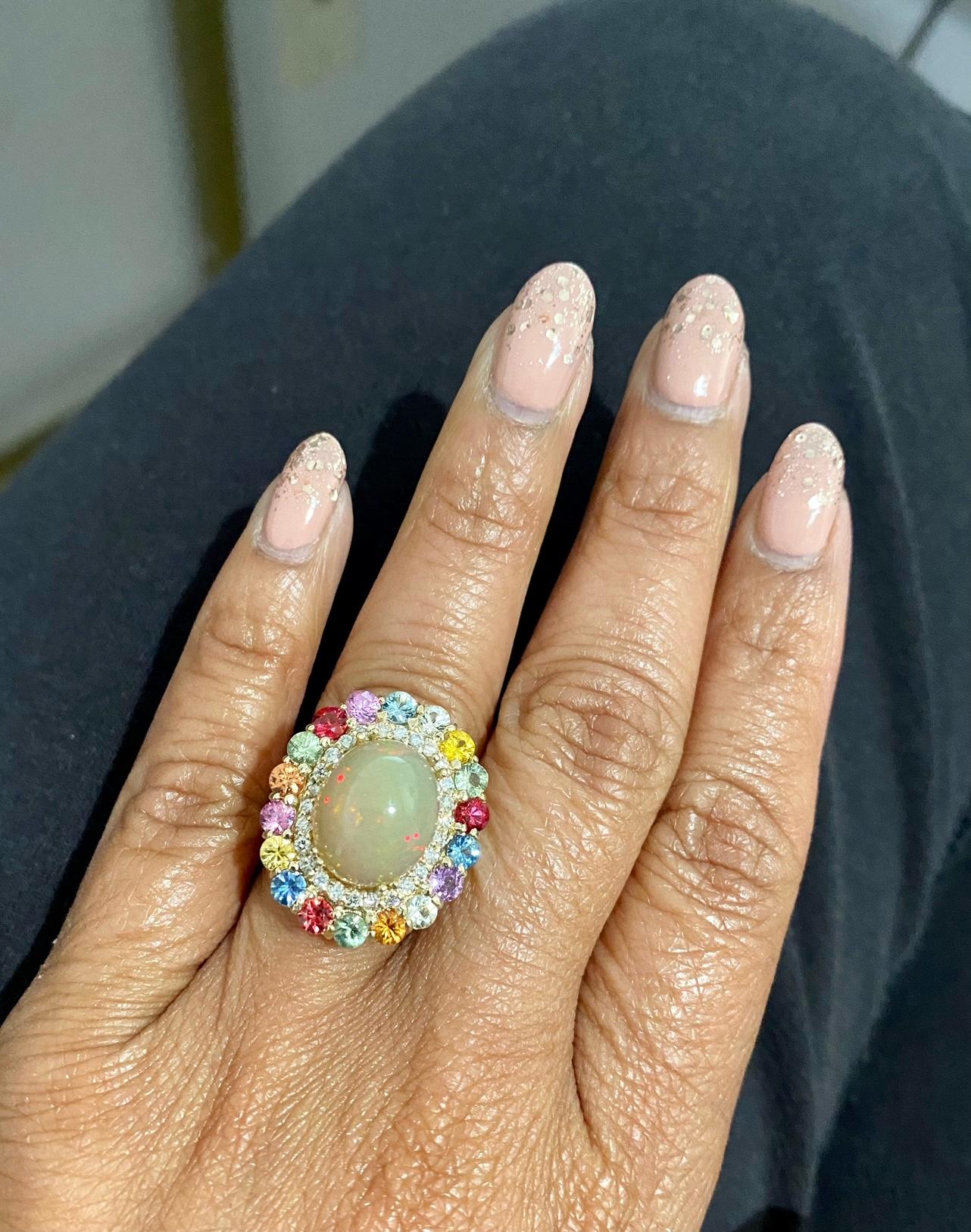 Women's 8.89 Carat Natural Opal Multi Sapphire Diamond Yellow Gold Cocktail Ring For Sale