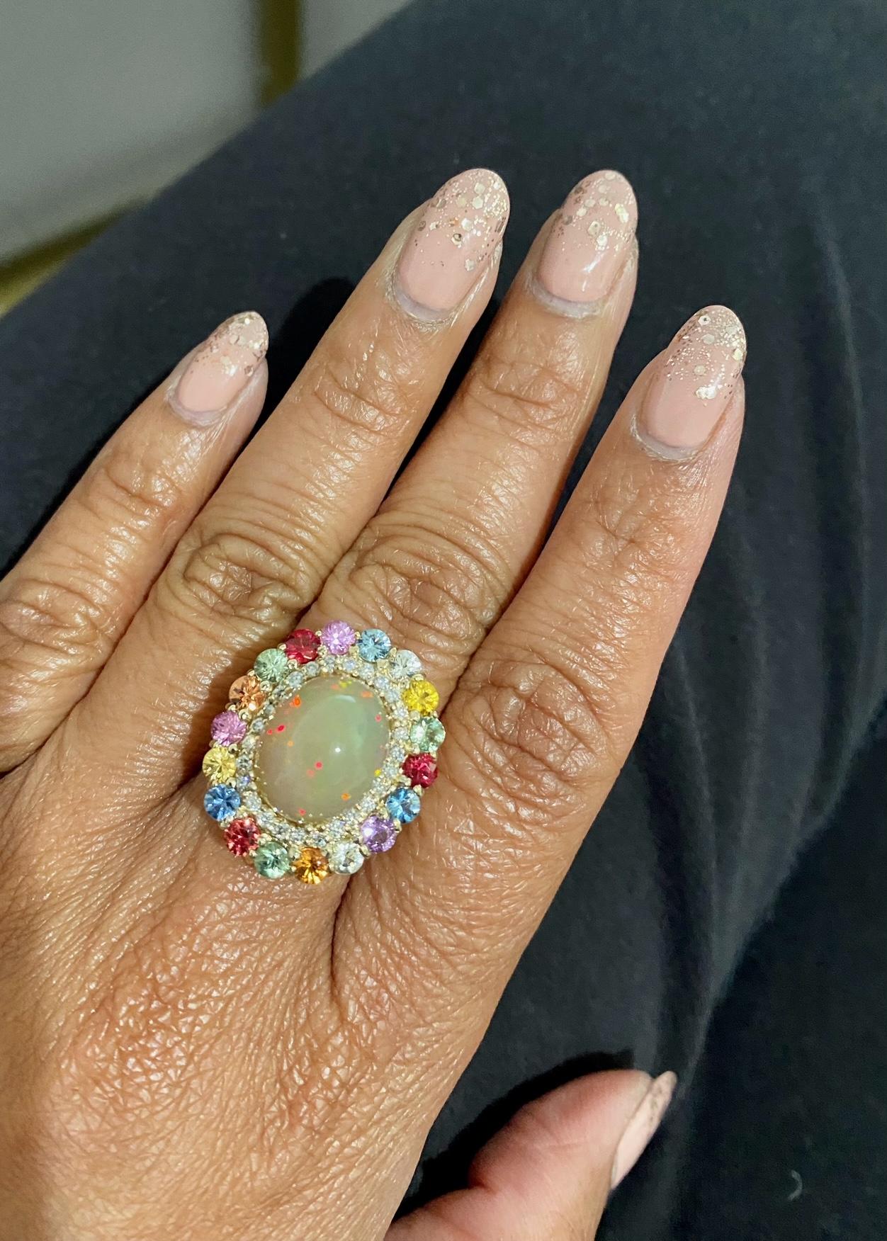 8.89 Carat Natural Opal Multi Sapphire Diamond Yellow Gold Cocktail Ring For Sale 1