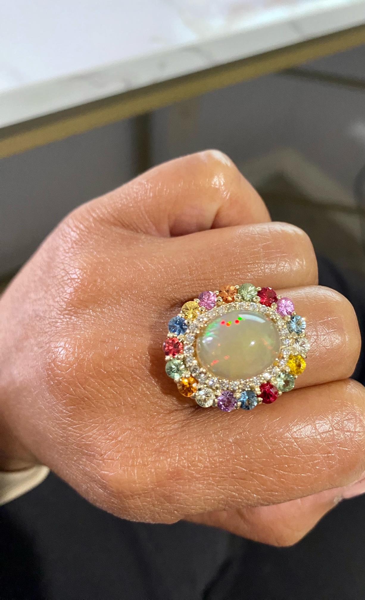 8.89 Carat Natural Opal Multi Sapphire Diamond Yellow Gold Cocktail Ring For Sale 2