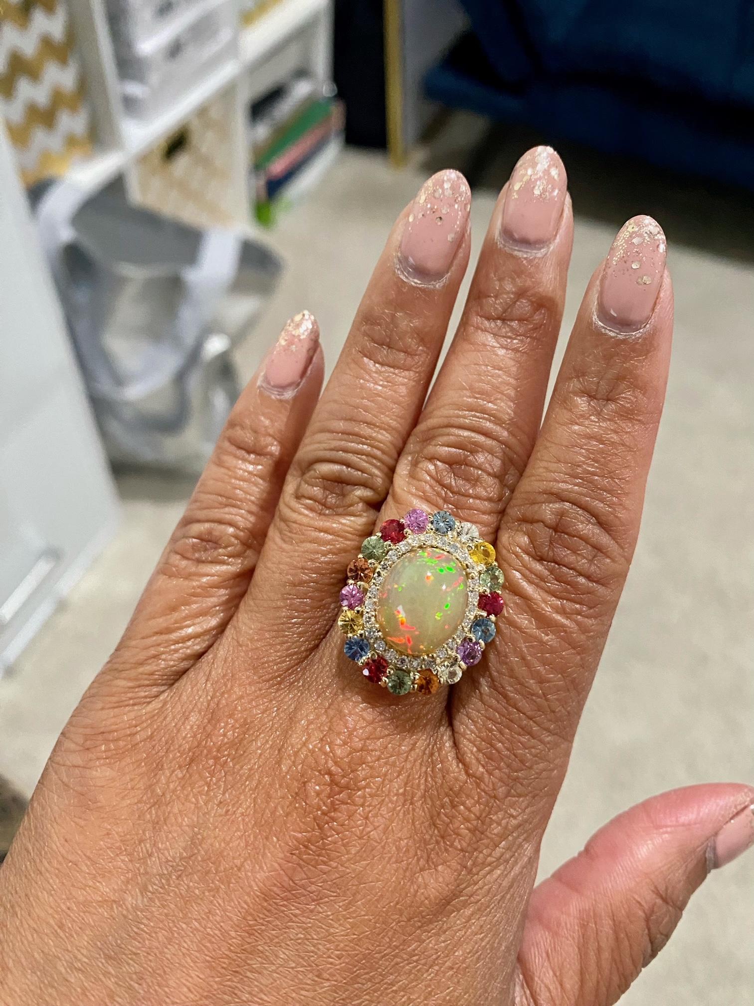 8.89 Carat Natural Opal Multi Sapphire Diamond Yellow Gold Cocktail Ring For Sale 3