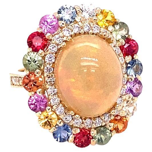 8.89 Carat Natural Opal Multi Sapphire Diamond Yellow Gold Cocktail Ring For Sale