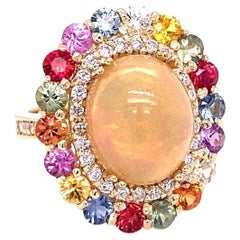 8.89 Carat Natural Opal Multi Sapphire Diamond Yellow Gold Cocktail Ring