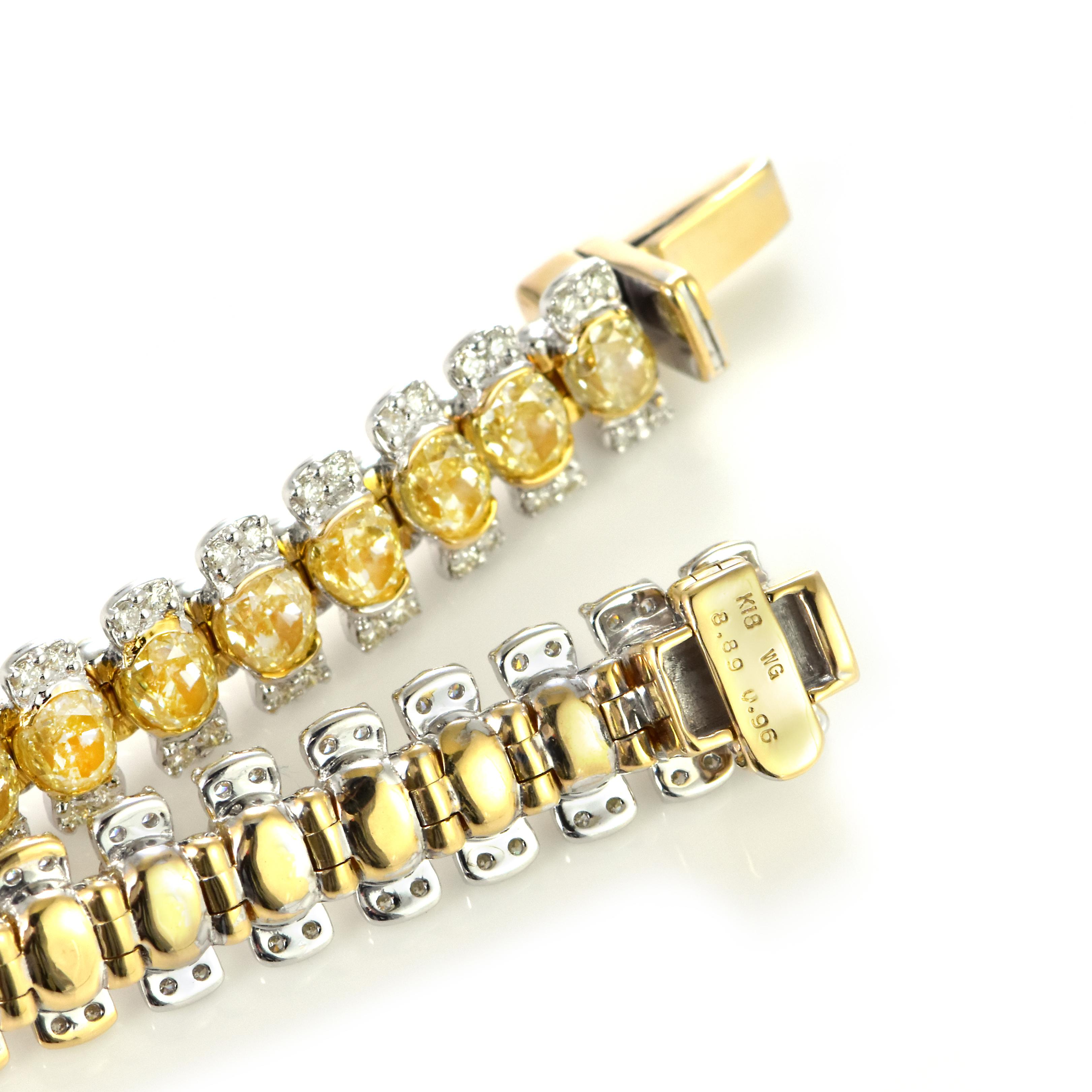 Taglio ovale Bracciale di diamanti gialli Nature Fancy da 8,89 carati in oro 18 carati in vendita