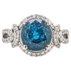 8.8ct Blue Zircon Ring w Earth Mined Diamonds in Solid 14K White Gold Round 9mm