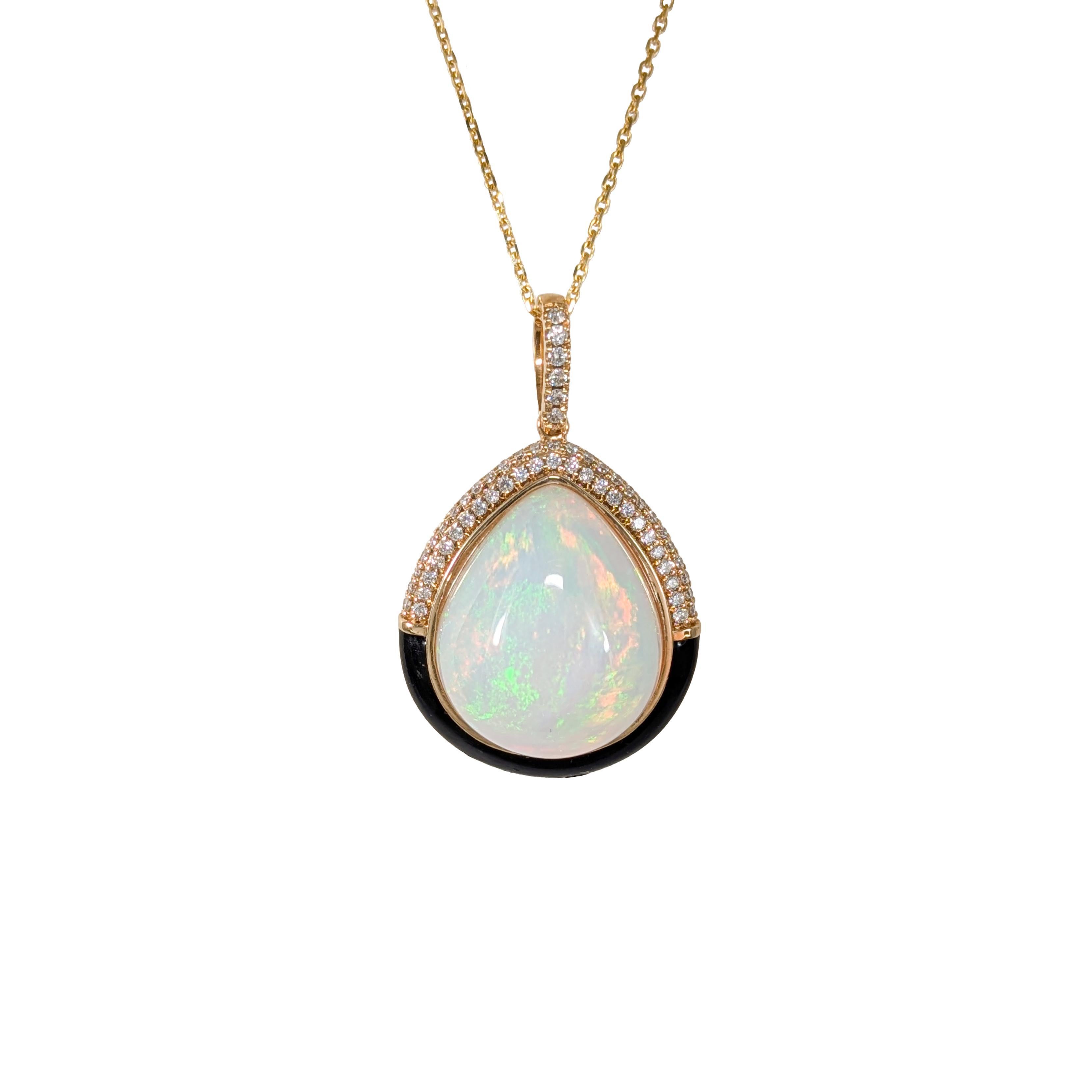 Pear Cut 8.8ct Ethiopian Opal Pendant w Natural Diamond Accents in 14K Gold  PE 18x15mm For Sale