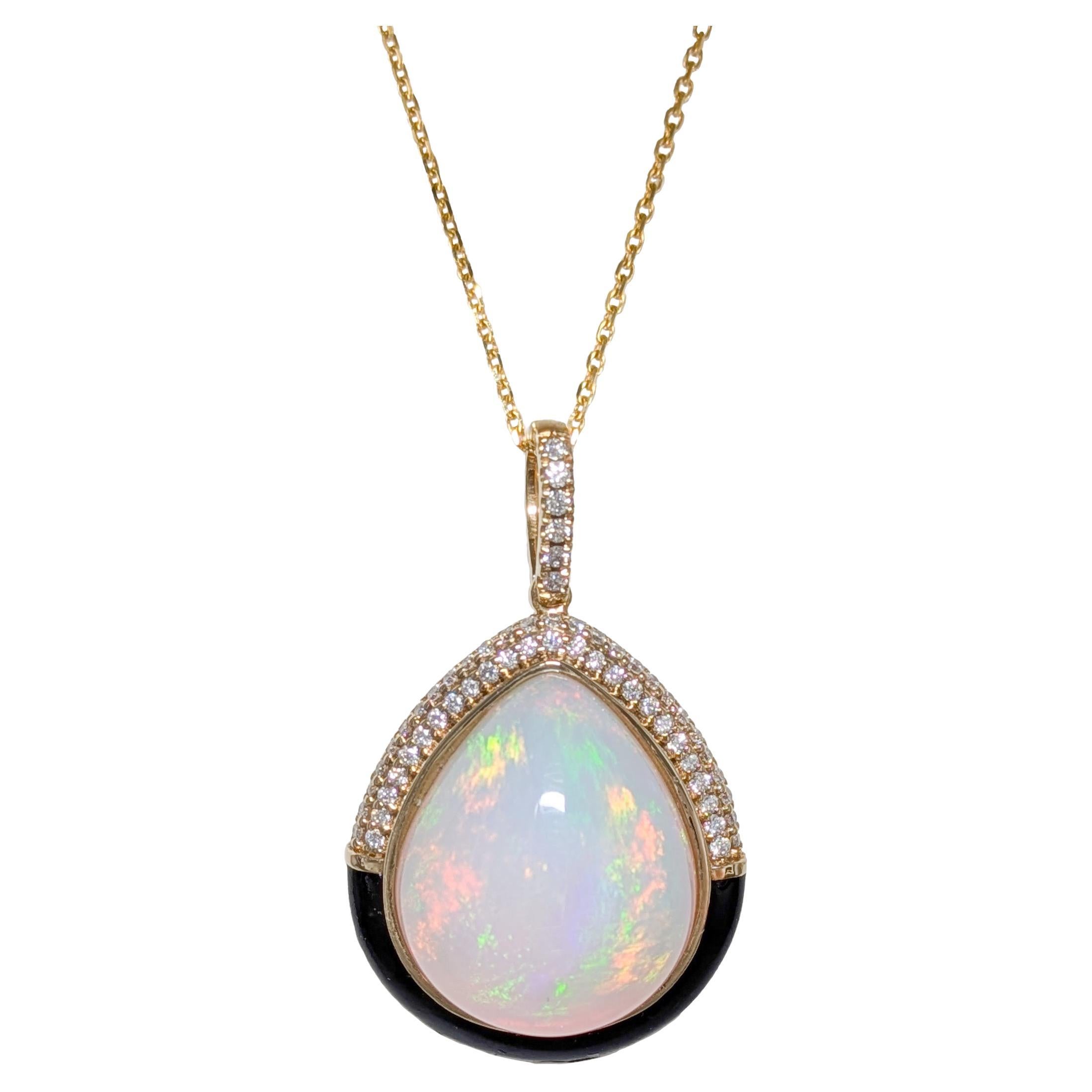 8.8ct Ethiopian Opal Pendant w Natural Diamond Accents in 14K Gold  PE 18x15mm For Sale