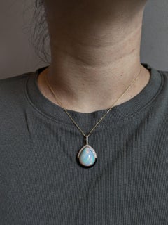 8.8ct Ethiopian Opal Pendant with Natural Diamonds: 14K Solid Gold, Pear 18x15mm