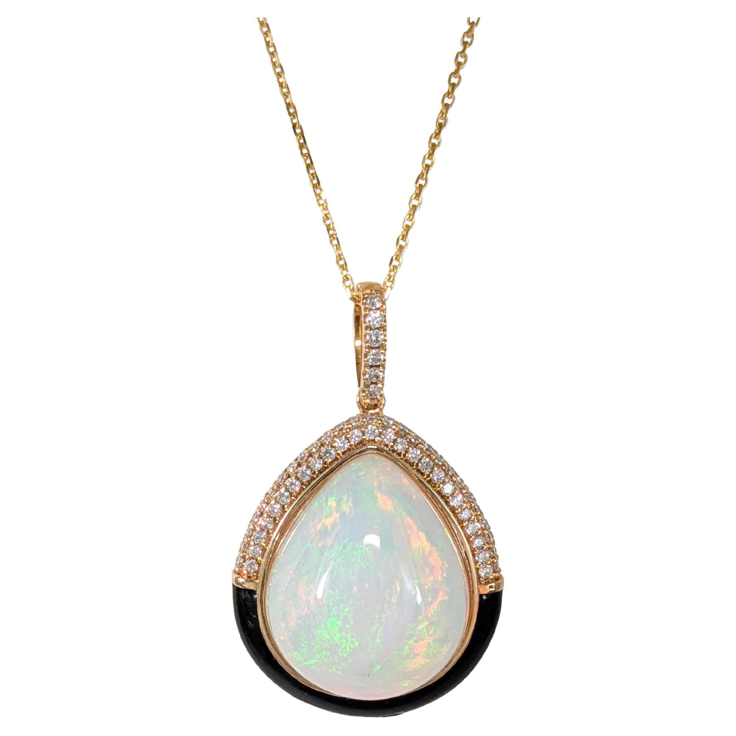 Pendentif 8.8ct Opale Ethiopienne avec Diamants Naturels : Or massif 14K, poire 18x15mm