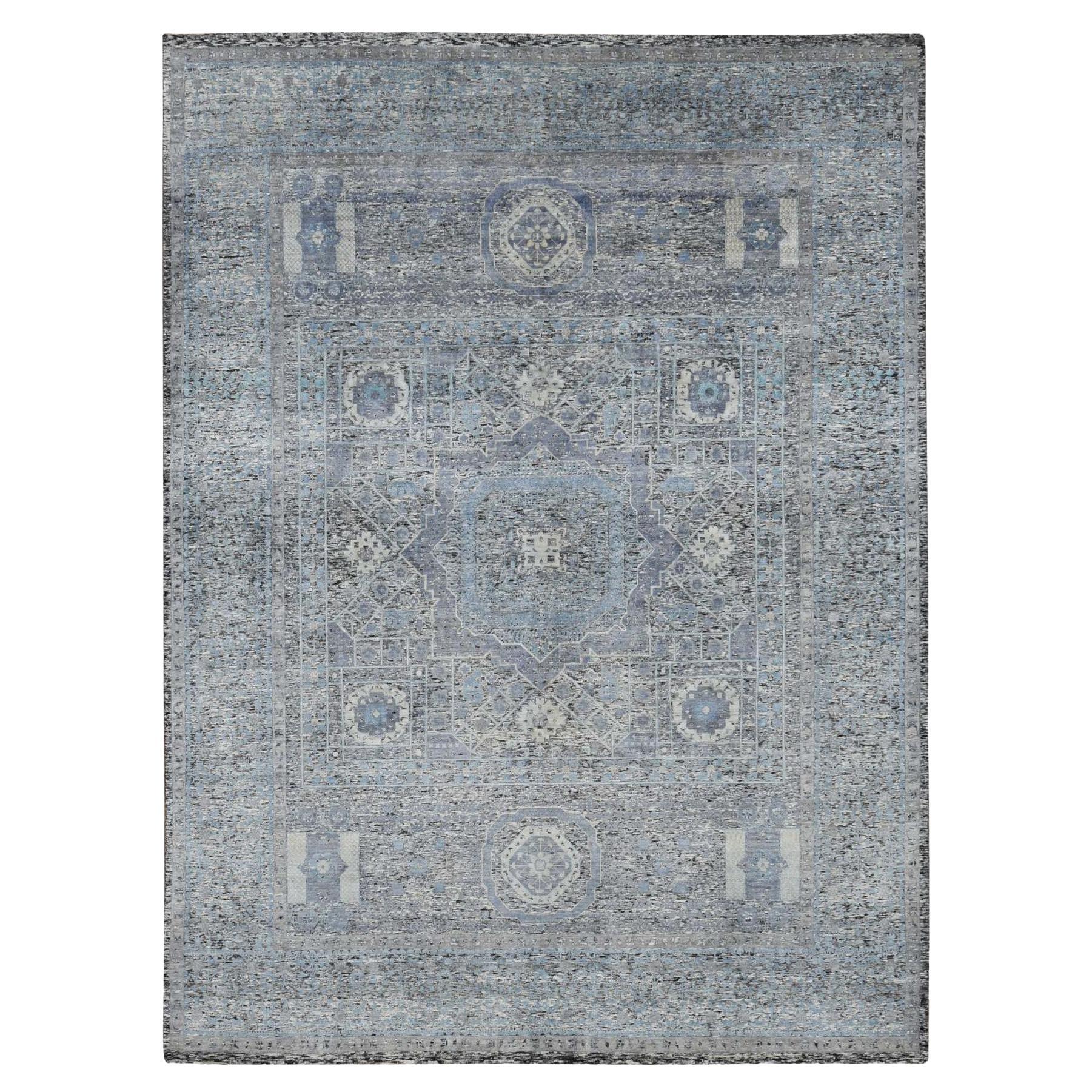 Tappeto annodato a mano 8'8 "x11'10" in seta blu con lana testurizzata Mamluke Dynasty Design