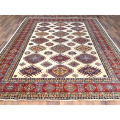 8'8"x11'10" Hand Knotted Ivory Afghan Super Kazak Shiny Wool Oriental Rug