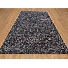 8'8"x11'10" Onyx Black Soft Pile Sickle Leaf Design Hand Knotted Wool & Silk Rug