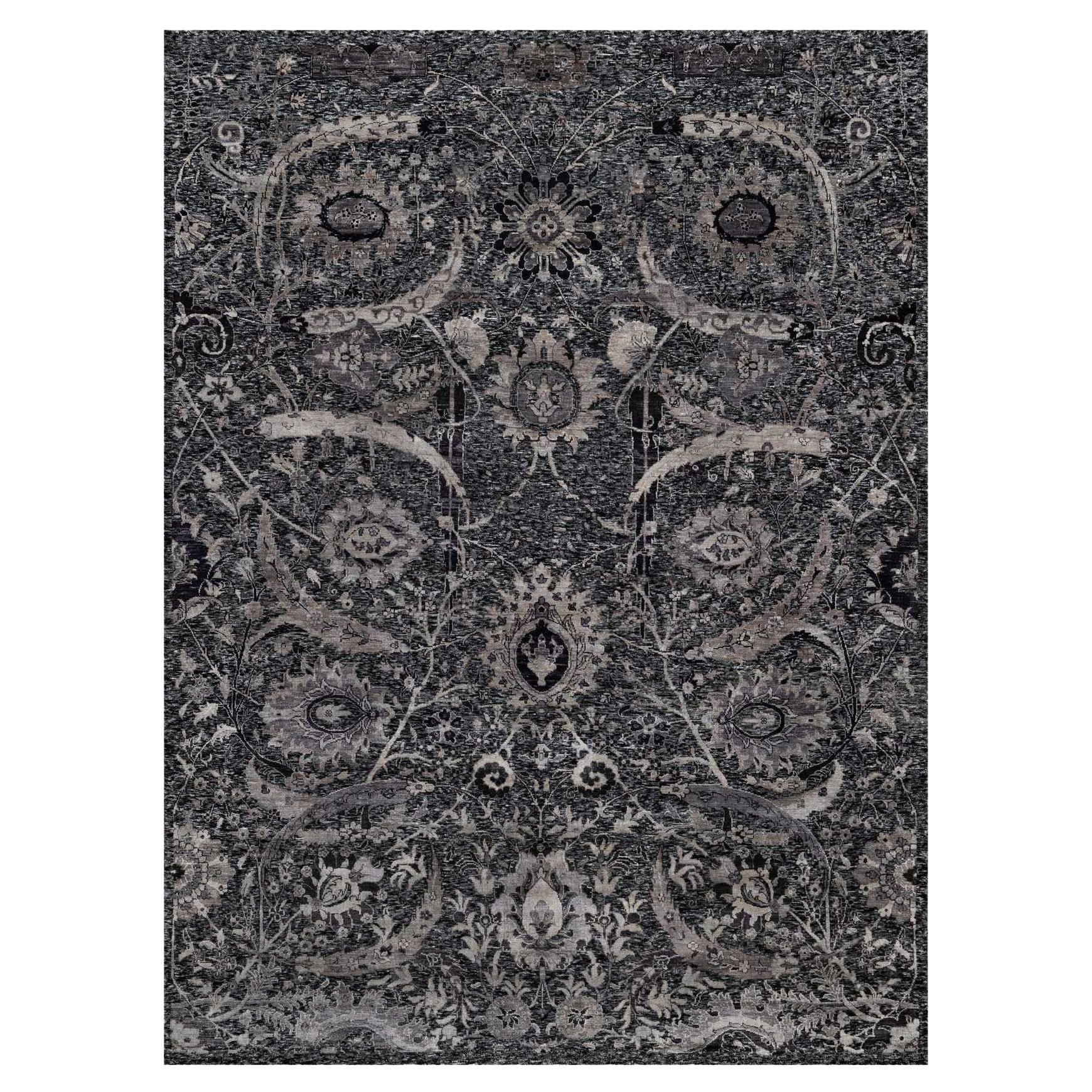 8'8 "x11'10" Onyx Black Soft Pile Sickle Leaf Design Hand Knotsted Wool & Silk Rug