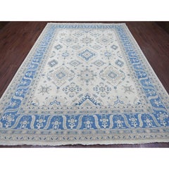 8'8"x11'3" Ivory Hand Knotted Vintage Look Kazak with All Over Design Wool Rug