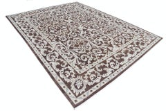 8.8x11.5 ft Handknotted Brown and Ivory Rug. Turkish Floral Scroll Design Carpet