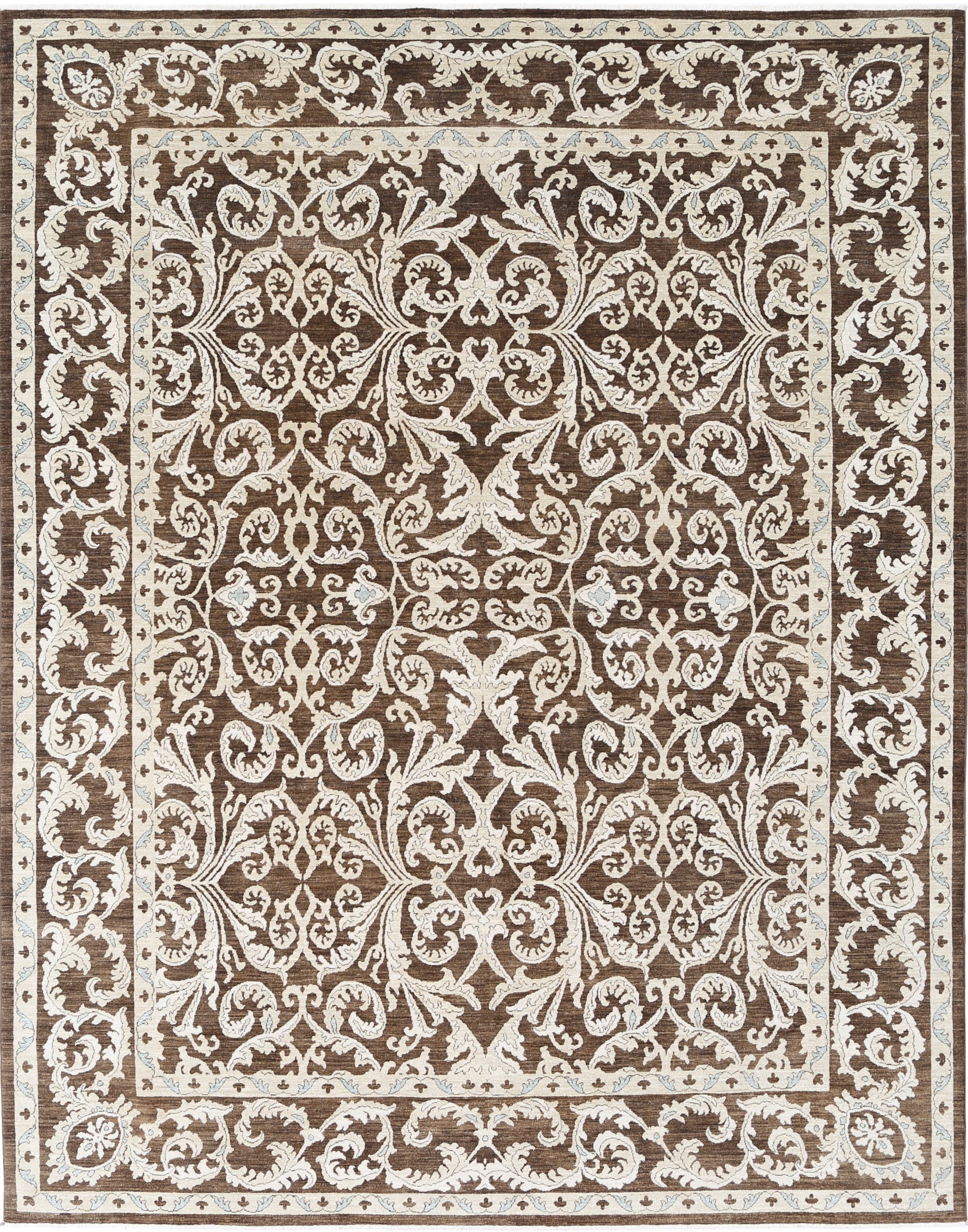 8.8x11.5 ft Handknotted Brown and Ivory Rug. Turkish Floral Scroll Design Carpet