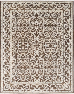 8.8x11.5 ft Handknotted Brown and Ivory Rug. Turkish Floral Scroll Design Carpet