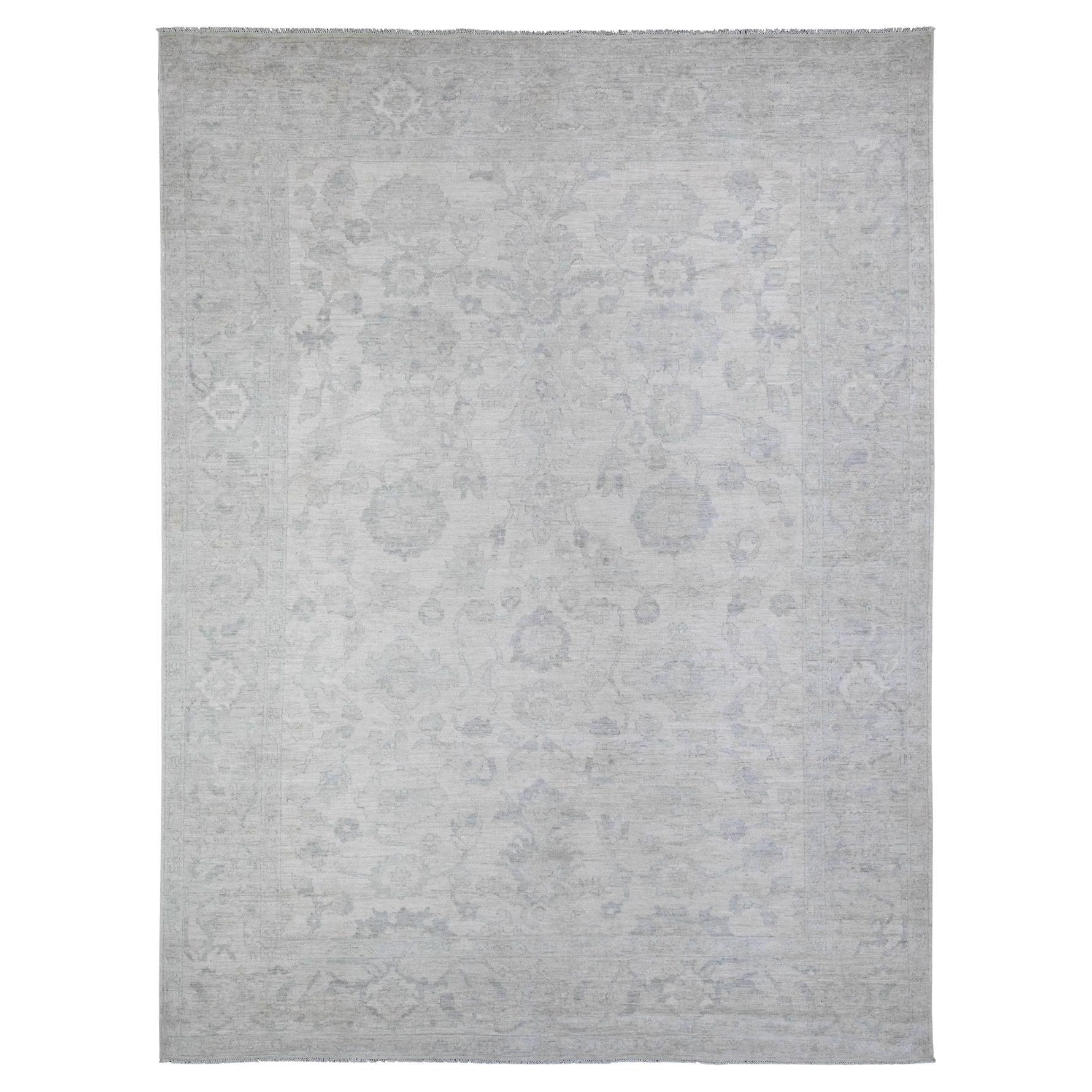 8'8"x11'5" Vista White Wool Wash Peshawar Hand Knotted Natural Dyes Rug For Sale