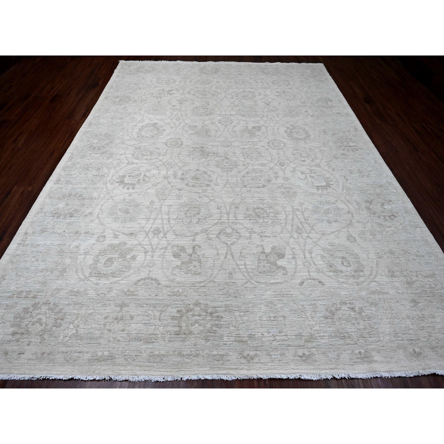 Pearl White, Hand Knotted, Washed Out Peshawar with All Over Vines and Leaf Pattern, Vegetable Dyes, 100% Wool, Oriental Rug
Primary materials: Wool
Latex: No Pile 
height: 0.25 Inches
Style: Transitional
Primary color: Ivory
Secondary colors: