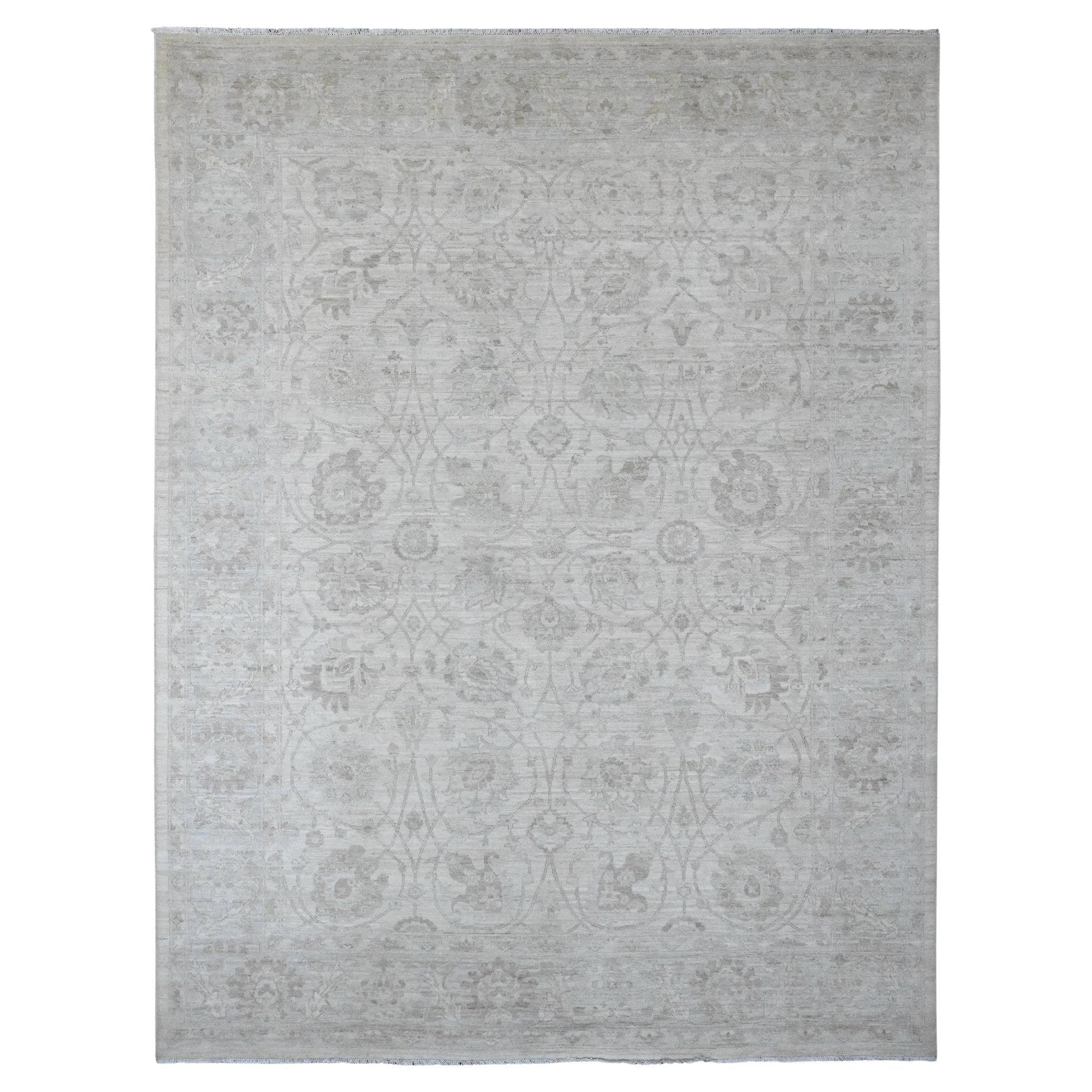 8'8"x11'5" White Hand Knotted Washed Out Peshawar All Over Design Pure Wool Rug