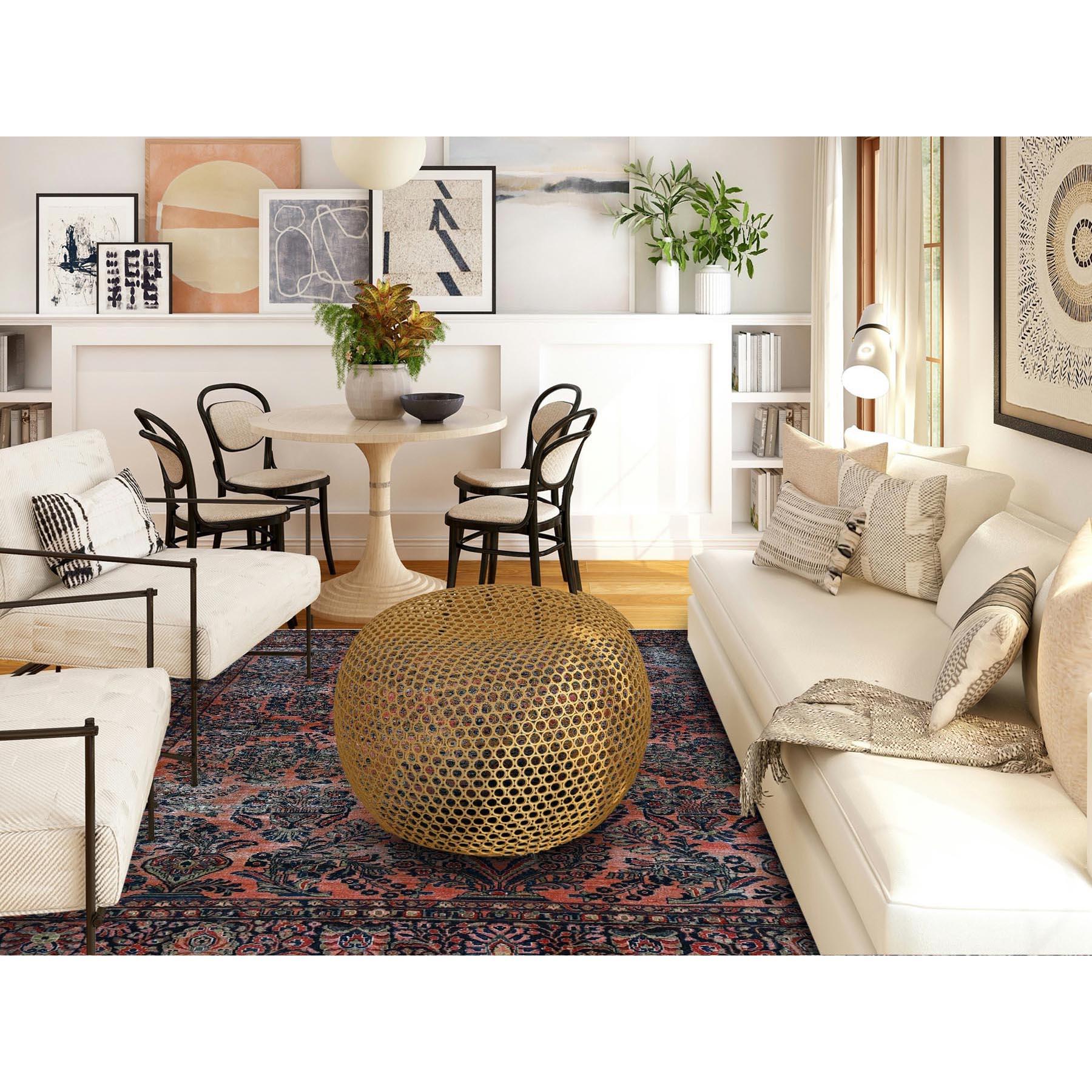 Salmon Red, Antique Persian Sarouk, Washed and Shaved Low, Sides and Ends Professionally Secured, Shabby Chic, Distressed, Zero Pile, Hand Knotted, Pure Wool, Oriental Rug
Primary materials: Wool
Latex: No Pile 
height: 0.25 Inches
Style: