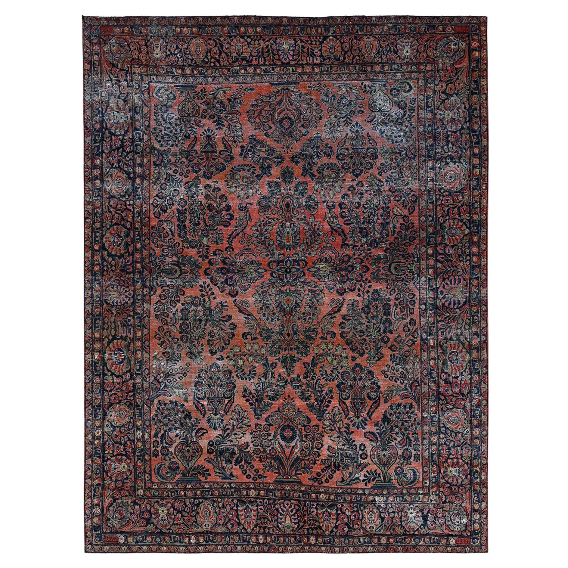 8'8"x11'6" Salmon Red Antique Persian Sarouk Hand Knotted Pure Wool Oriental Rug