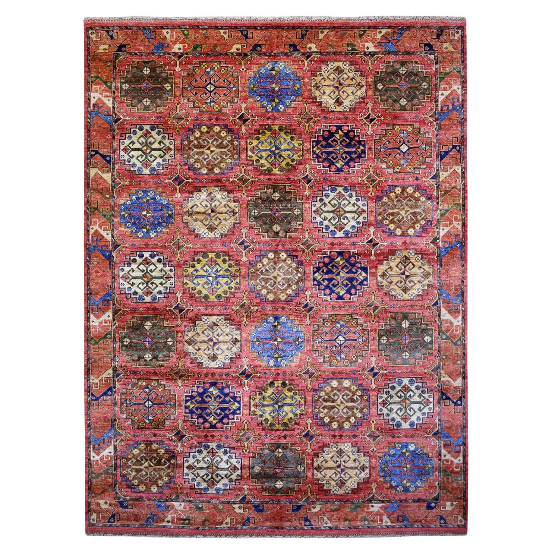 8'8 "x11'7" Rouge Knots/One avec design géométrique Tapis en pure laine noué à la main en vente
