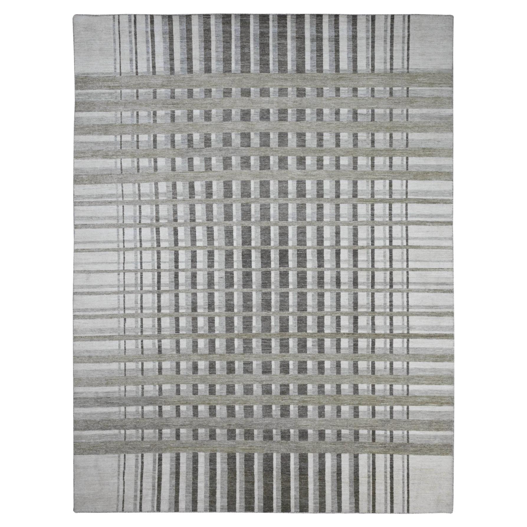 8'8"x11'8" Brown Bauhaus Inspired Criss Cross Line Design Hand Knotted Wool Rug