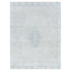 Tappeto Kerman in stile Old Farsian, 8'8"x11'8", in lana annodato a mano, color avorio, effetto consumato