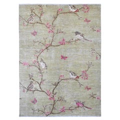 8'8"x11'8" Olive Green Hand Knotted Sparrows on the Tree Peshawar Pure Wool Rug