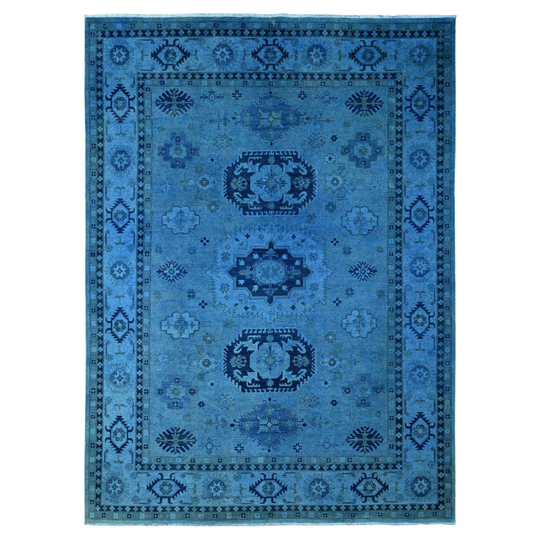 8'8 "x11'9" Bayern Blau Handgeknüpft Overdyed Kazak Medaillons Design Wollteppich