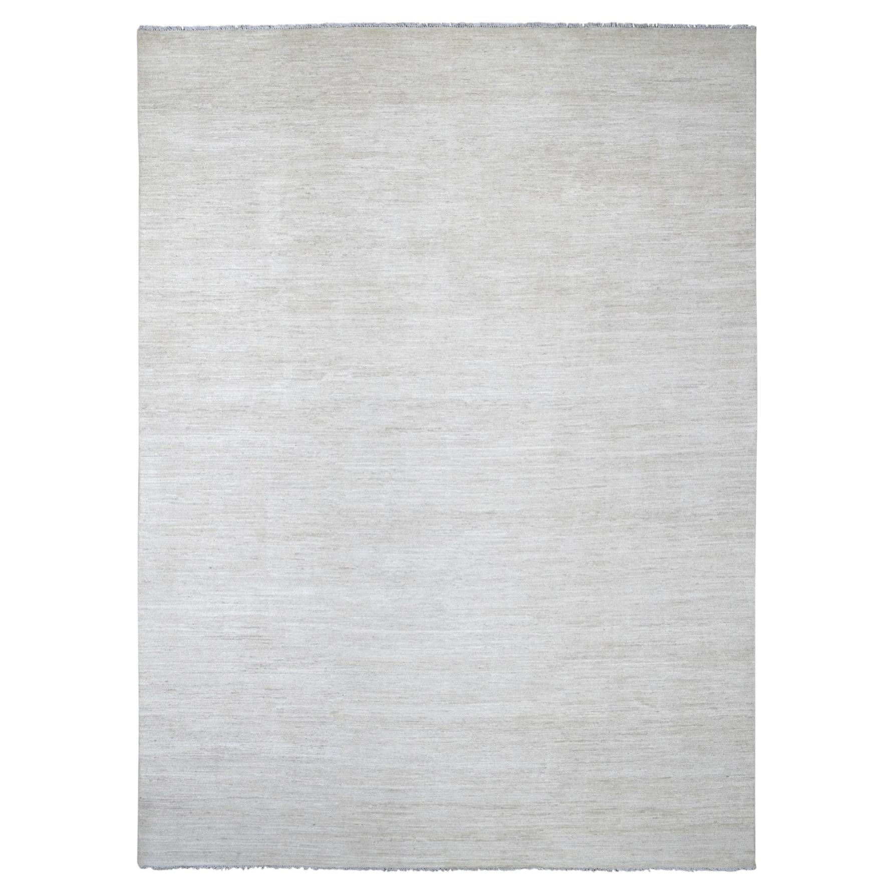 8'8"x11'9" Ivory Plain Solid Pattern Hand Knotted Hand Spun Ghazni Wool Rug