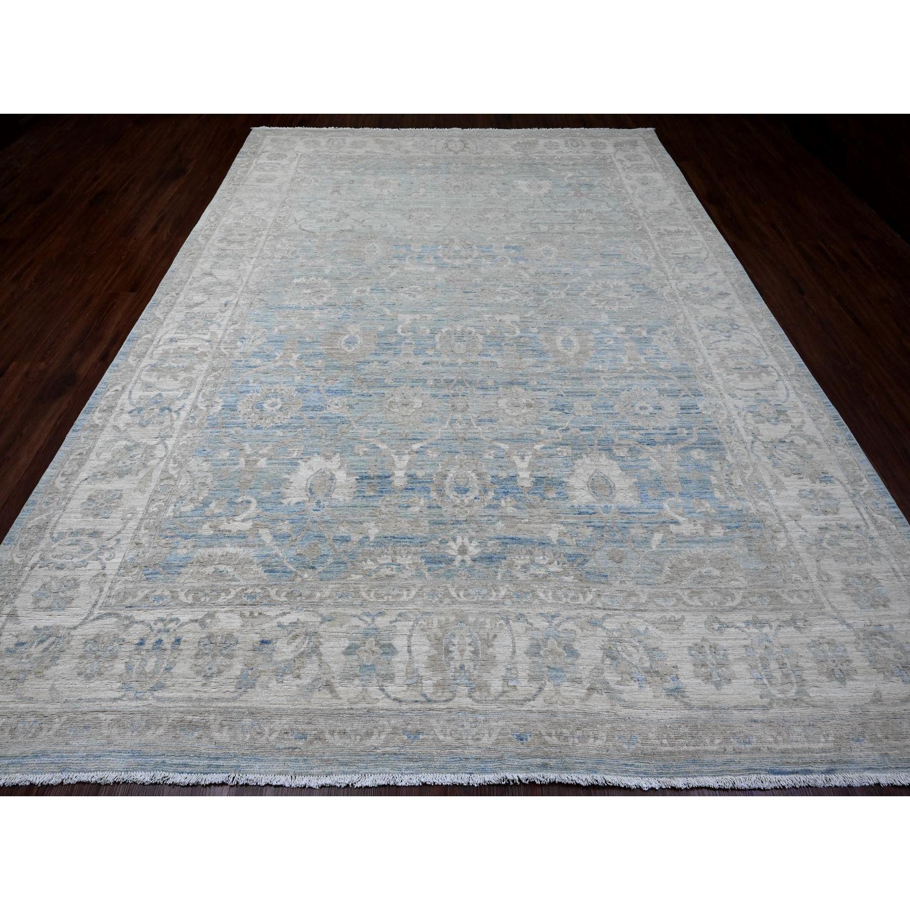 Carolina Blue, White Wash Peshawar with All Over Leaf Design, Hand Knotted, Abrash, Veggie Dyes, 100% Wool, Oriental Rug
Primary materials: Wool
Latex: No Pile 
height: 0.25 Inches
Style: Transitional
Primary color: Blue
Secondary colors: Gray,