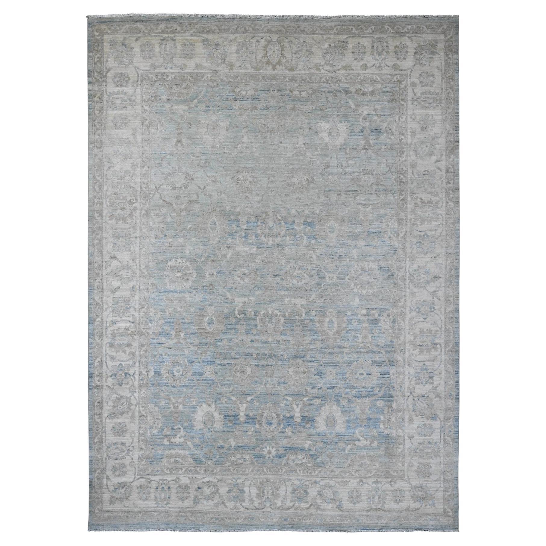 8'8"x12' Blue White Wash Peshawar Leaf Design Hand Knotted Wool Oriental Rug For Sale