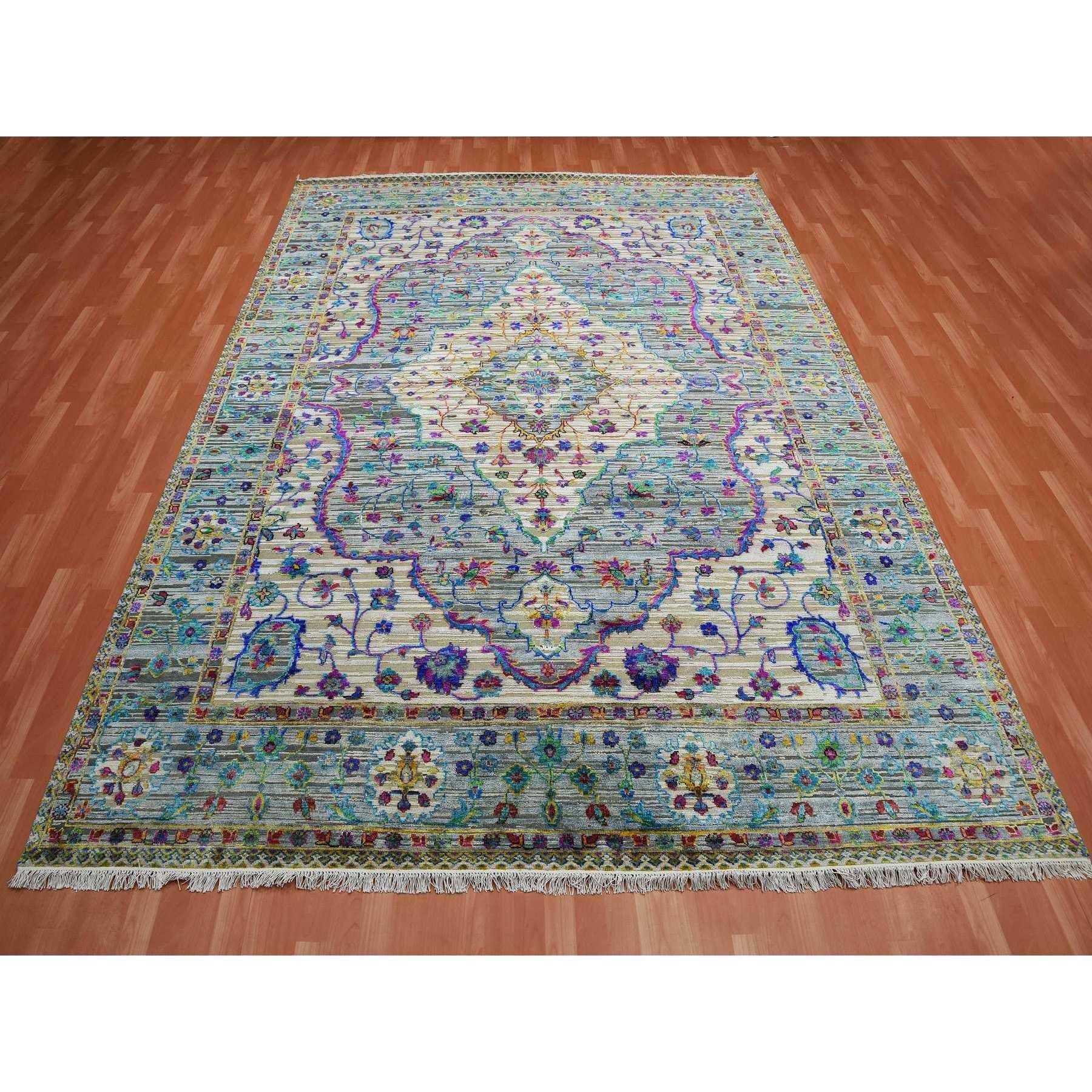 This is a truly genuine one-of-a-kind Blueish Gray, Medallion Design, Sari Silk with Textured Wool Hand Knotted, Oriental Rug. It has been Knotted for months and months in the centuries-old weaving craftsmanship techniques by expert