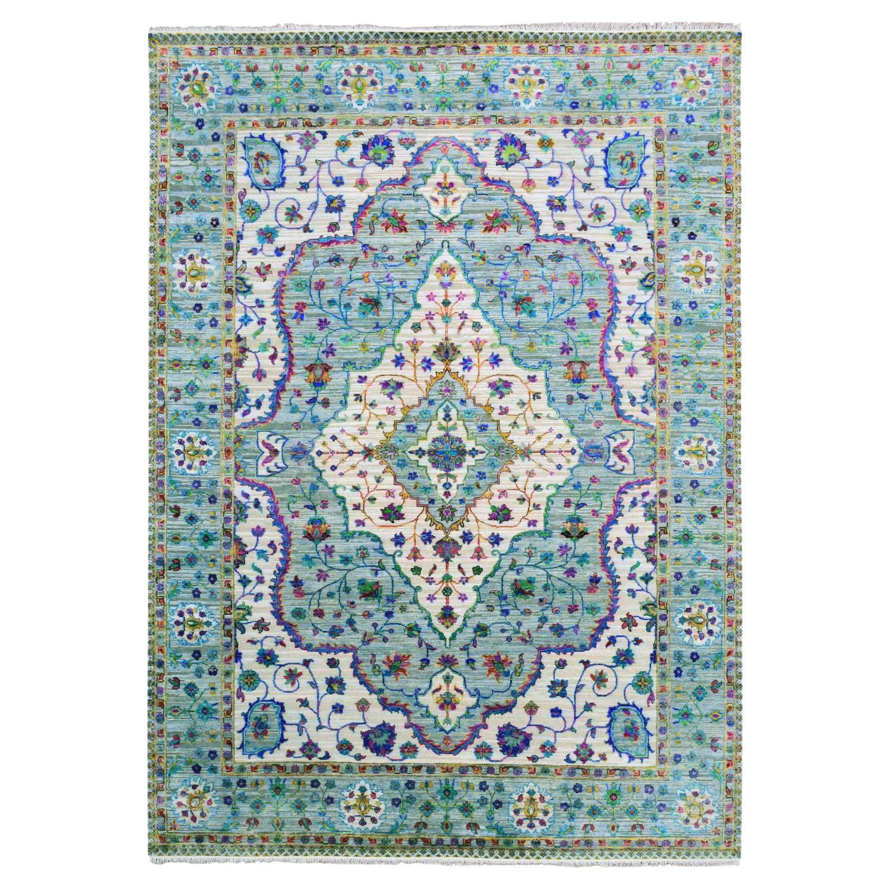 8'8"x12' Blueish Gray, Medallion Design, Sari Silk with Wool Hand Knotted Rug For Sale