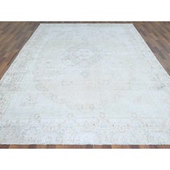 8'8"x12' Cropped Thin, Hand Knotted, Ivory, Vintage Zoroastrian Karman, Wool Rug