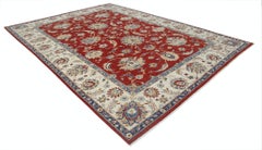 8.8x12 ft Hand Knotted Floral Large Area Rug with Red Field and Beige Border.