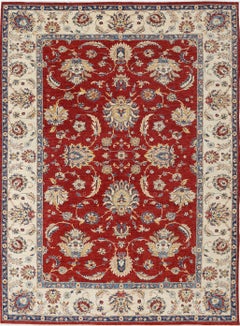 8.8x12 ft Hand Knotted Floral Large Area Rug with Red Field and Beige Border.