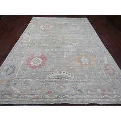 8'8"x12' Gray Angora Oushak with Leaf Design Hand Knotted Wool Oriental Rug