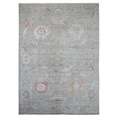 8'8"x12' Gray Angora Oushak with Leaf Design Hand Knotted Wool Oriental Rug