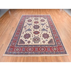 8'8"x12' Ivory Special Kazak with Geometric Medallions Wool Hand Knotted Rug