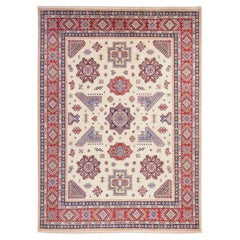 8'8"x12' Ivory Special Kazak with Geometric Medallions Wool Hand Knotted Rug
