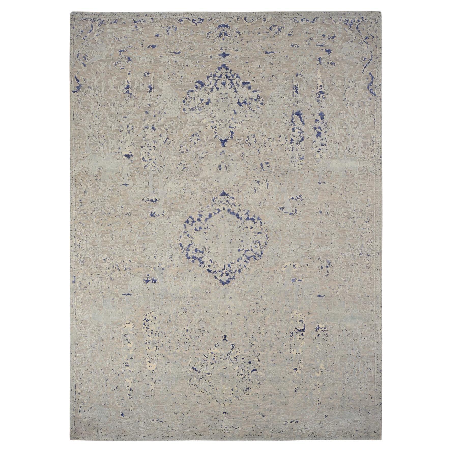 8'8"x12'1" Blue Erased Medallion Design Silk with Wool Hand Knotted Oriental Rug