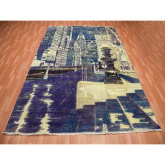 8'8"x12'1" Indigo Blue The Empire State Building Silk & Wool Hand Knotted Rug