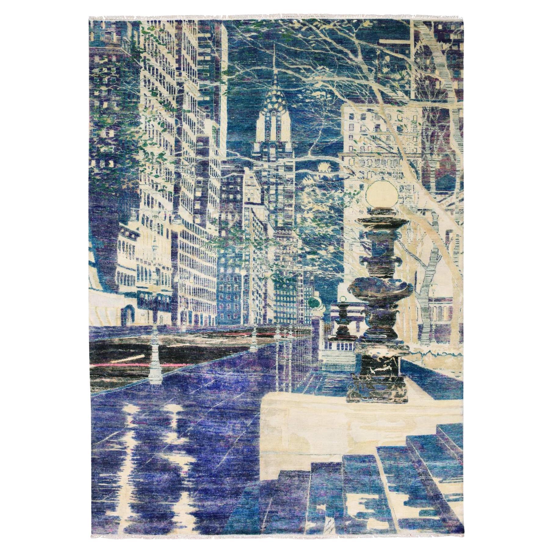 8'8 "x12'1" Indigo Blau Das Empire State Building Seide & Wolle Hand geknüpft Teppich im Angebot