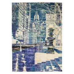 8'8"x12'1" Indigo Blue The Empire State Building Silk & Wool Hand Knotted Rug
