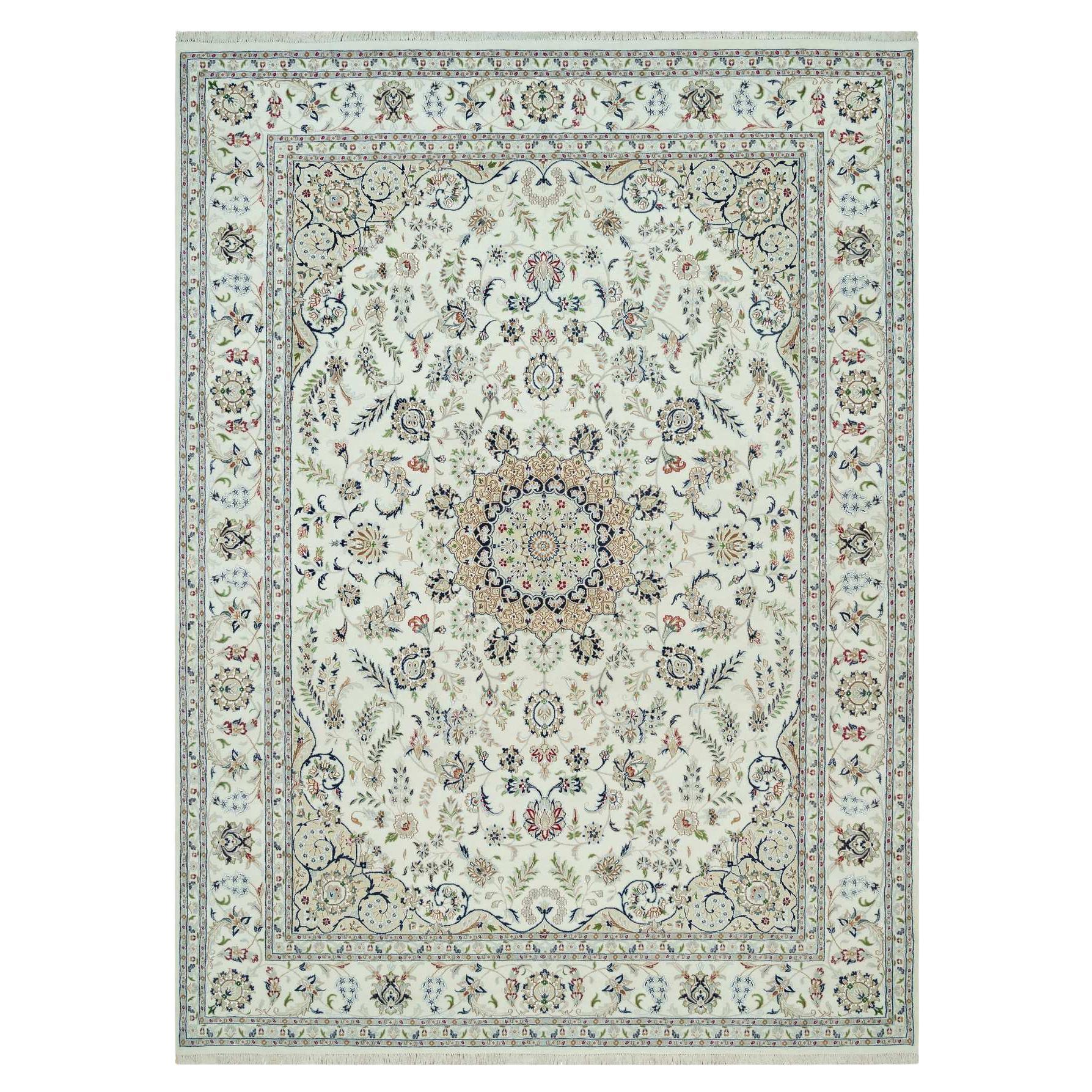 8
8 "x12
1" Avorio 250 KPSI Nain con medaglione centrale Tappeto in lana annodato a mano