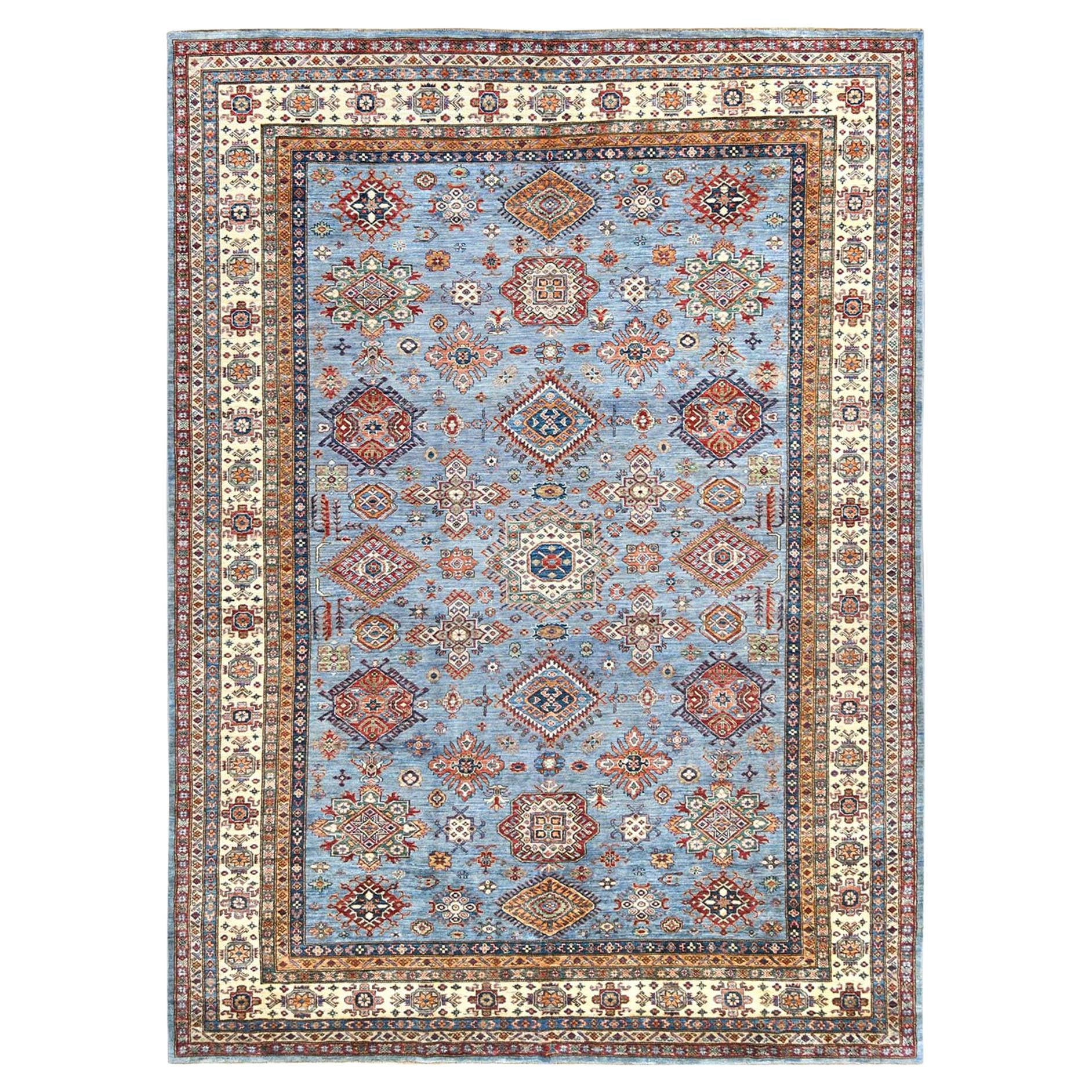 8'8"x12'2" Light Blue, Afghan Super Kazak Extra Soft Wool Hand Knotted Rug For Sale